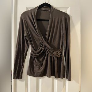 Tahari Brown Long Sleeve Knit V Neck Ruched Wrap Top - M
